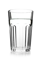 Glass of cold clear water on white background. Refreshing drink