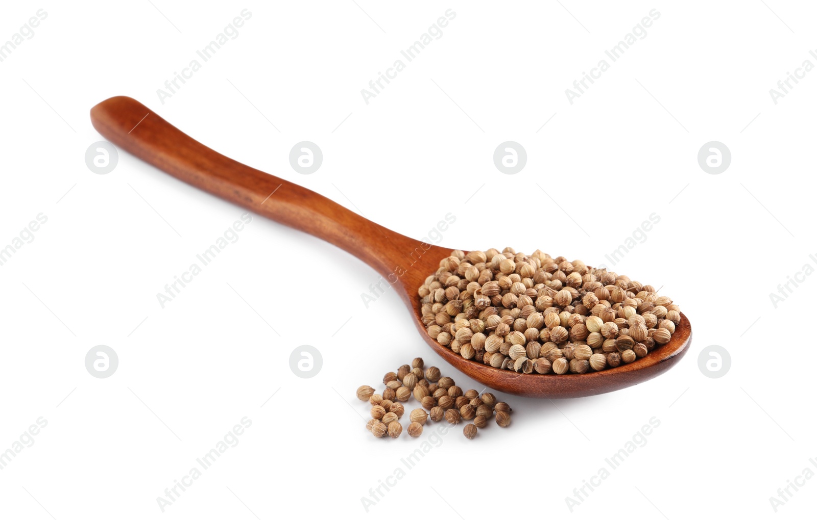 Photo of Dried coriander seeds with wooden spoon on white background