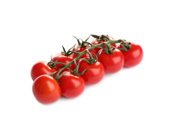 Photo of Branch of fresh cherry tomatoes isolated on white