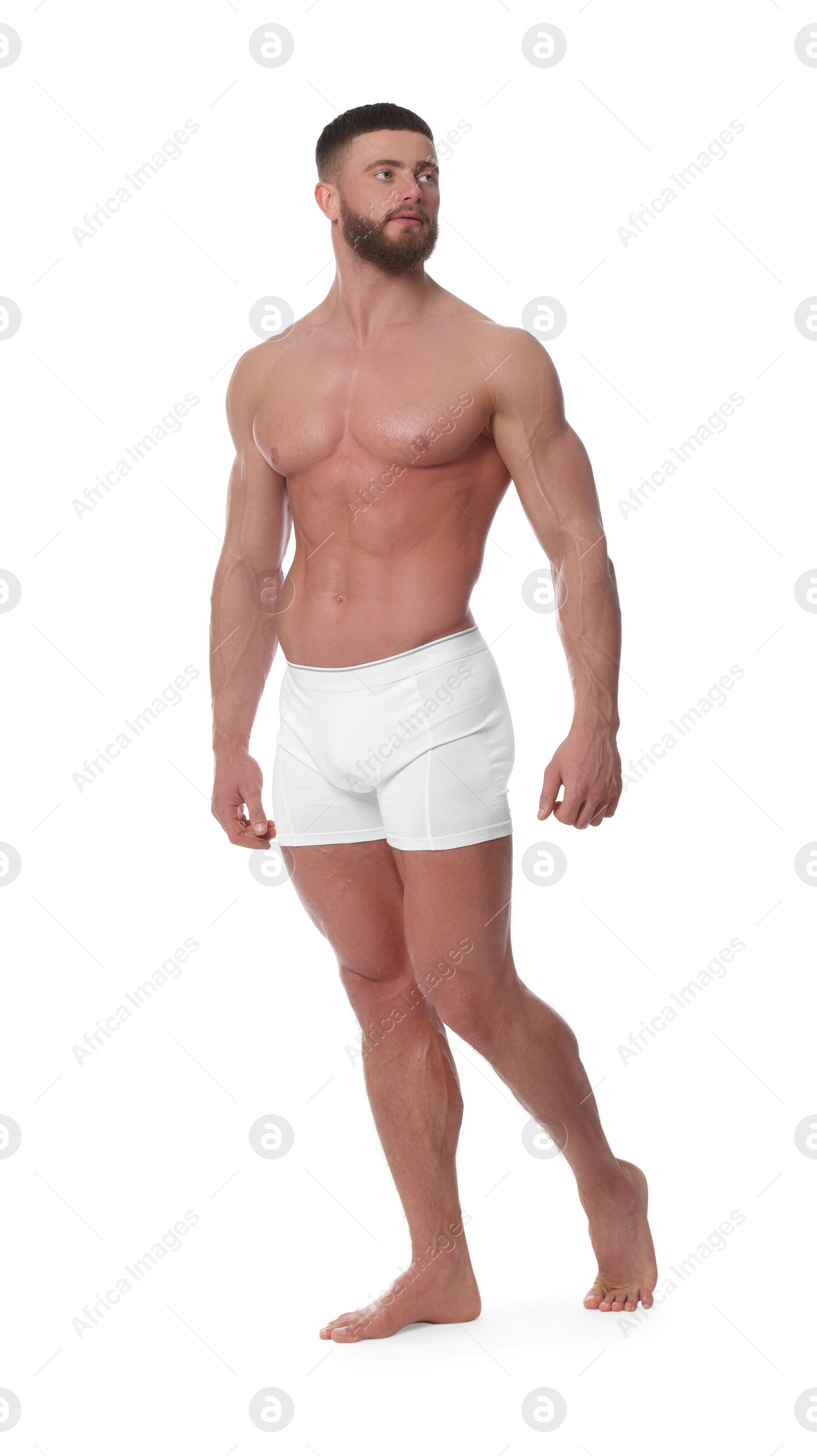 Photo of Young man is stylish underwear on white background