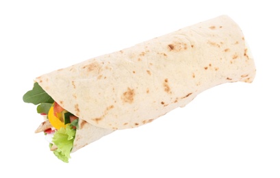 Delicious meat tortilla wrap isolated on white, top view