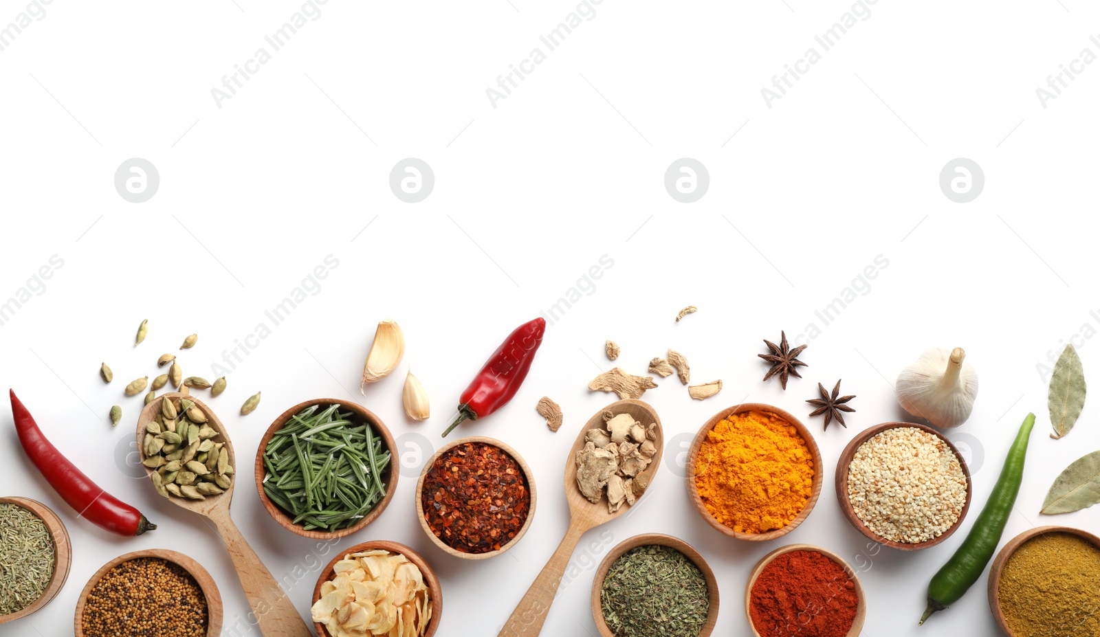 Photo of Beautiful composition with different aromatic spices on white background