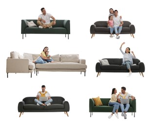 Image of People resting on different stylish sofas against white background, collage