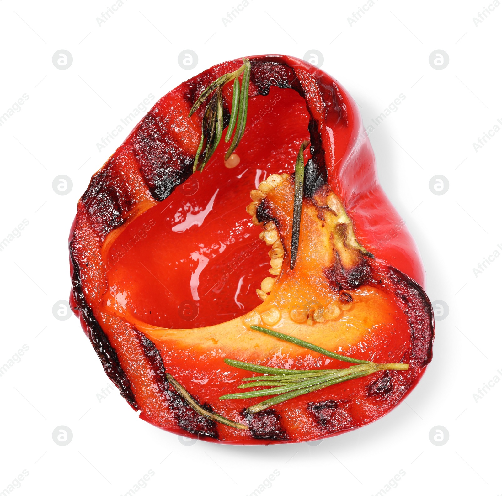 Photo of Half of grilled bell pepper and rosemary isolated on white, top view