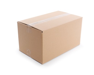 Photo of Cardboard parcel box on white background. Mockup for design