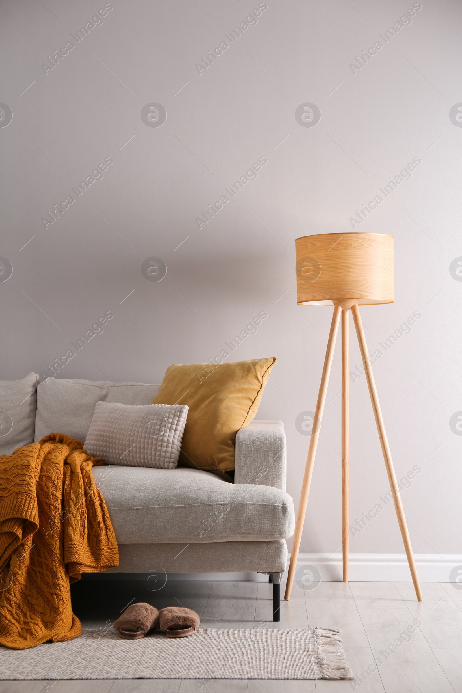 Photo of Stylish living room interior with comfortable sofa and tripod floor lamp. Space for text