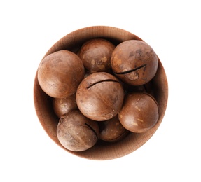 Photo of Bowl with organic Macadamia nuts on white background, top view