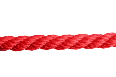 Strong red climbing rope on white background