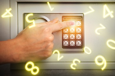 Woman pressing buttons on keypad to lock steel safe, closeup. Numbers symbolizing code combination flying around