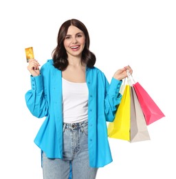 Photo of Beautiful young woman with paper shopping bags and credit card on white background