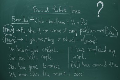 English grammar rules written with chalk on green board