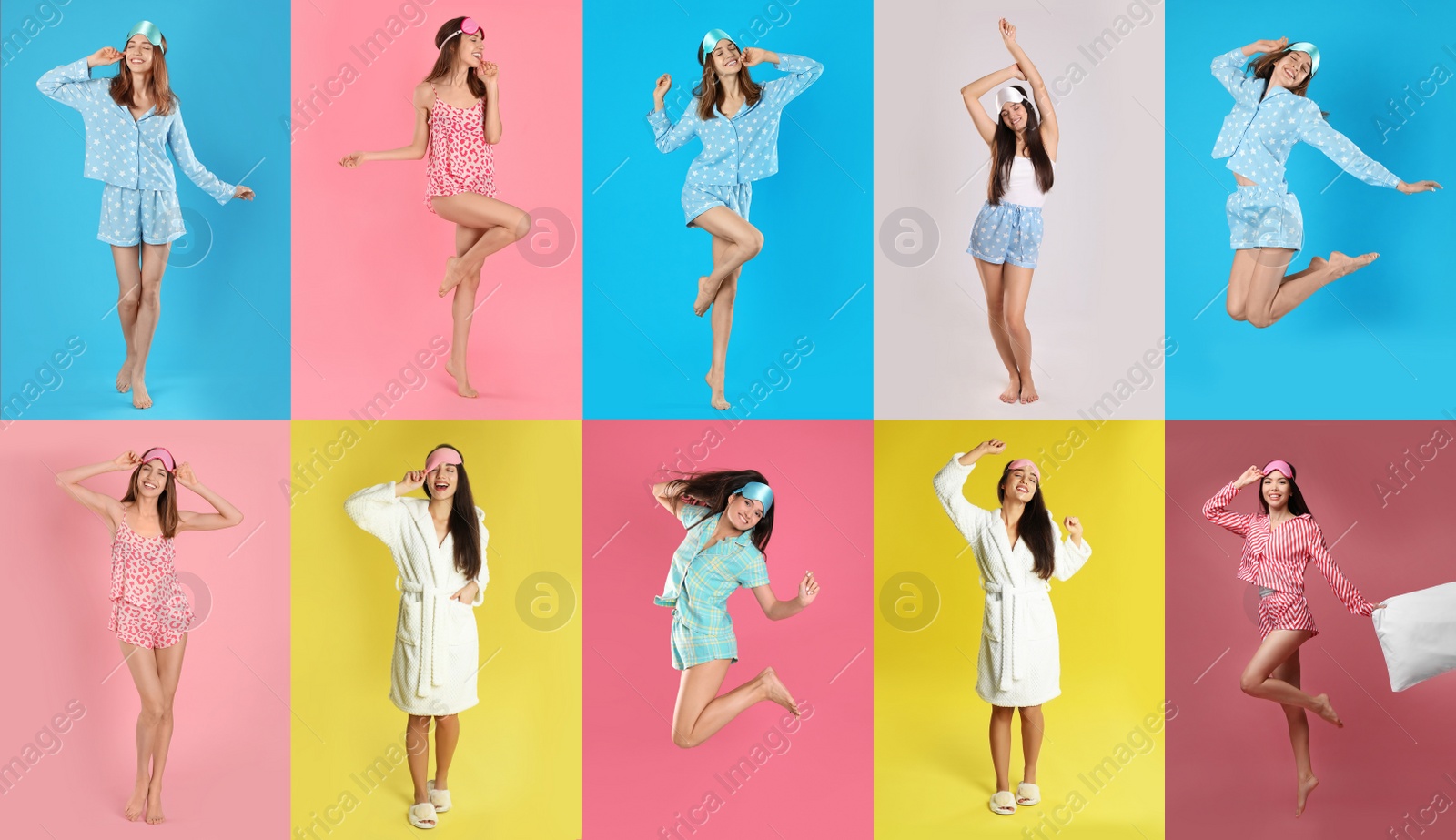 Image of Collage of women with sleep masks on color background. Bedtime