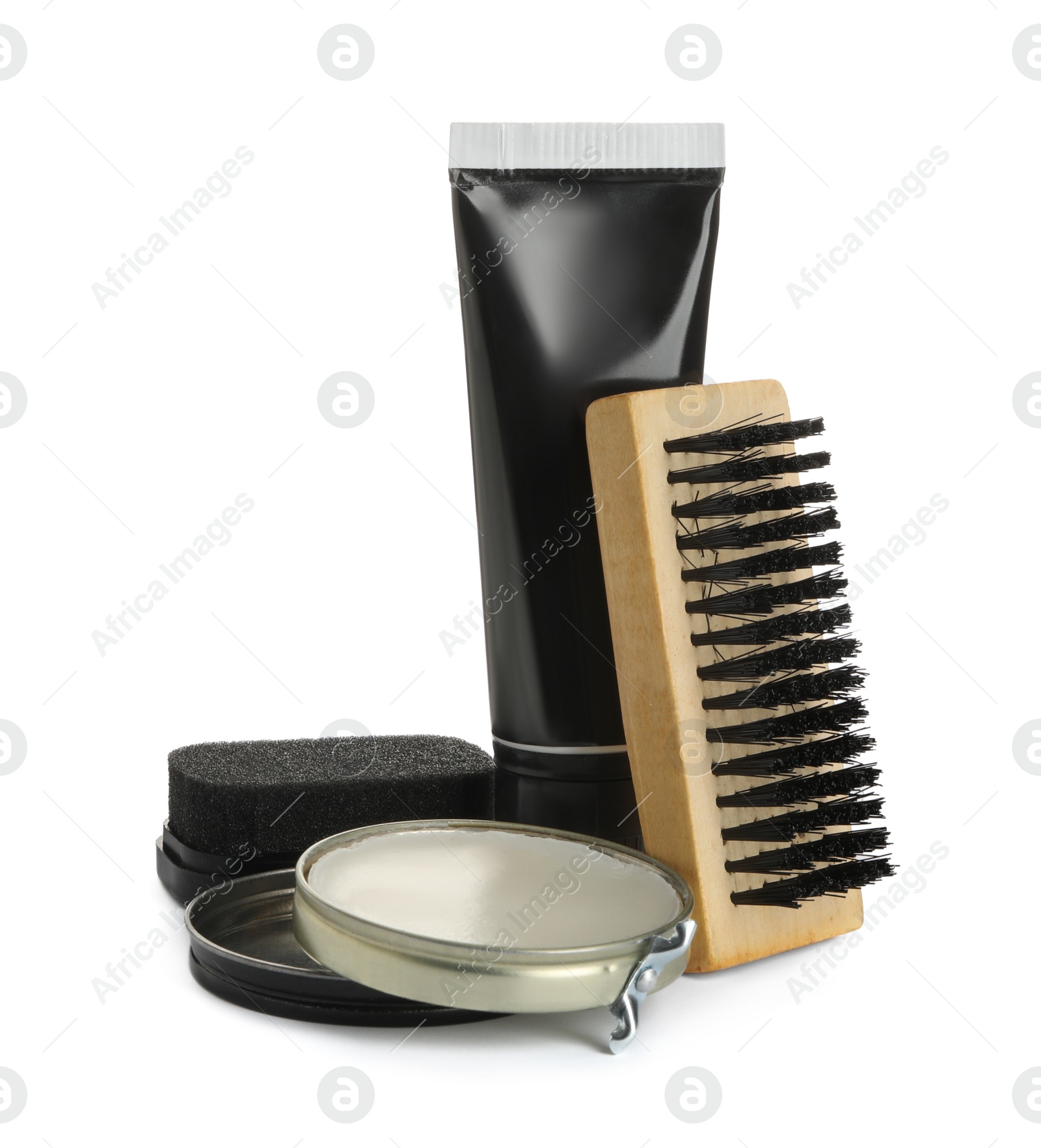 Photo of Set of shoe care products on white background