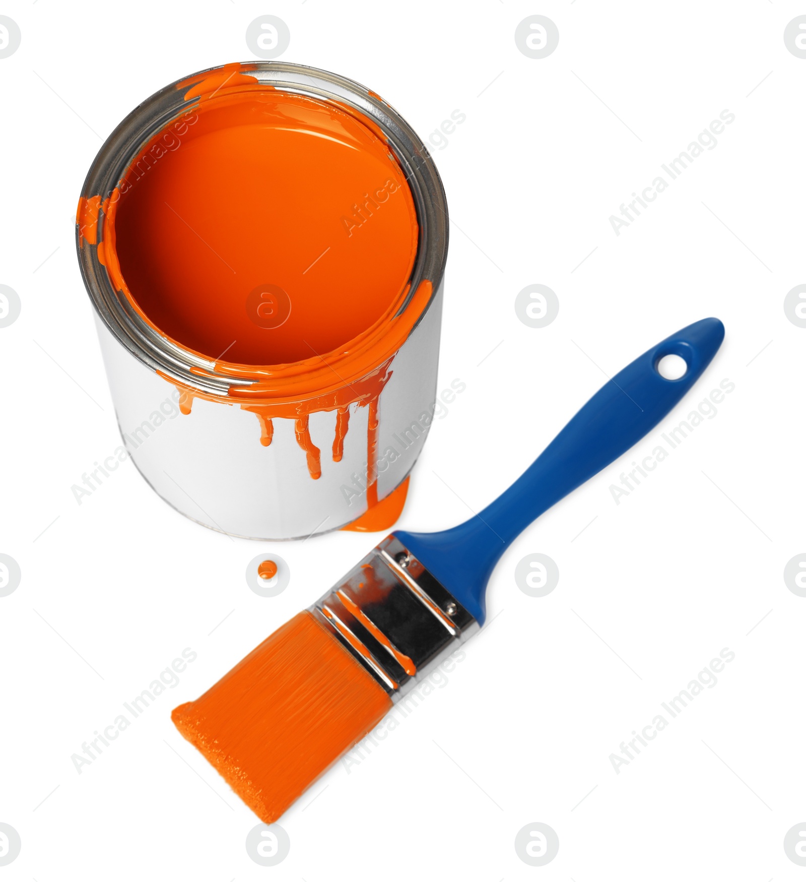 Photo of Can of orange paint and brush on white background, above view