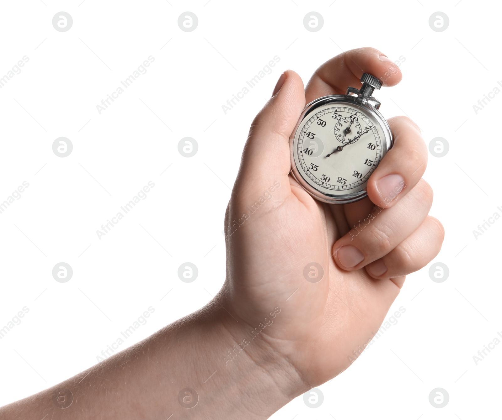 Photo of Man holding vintage timer on white background, closeup