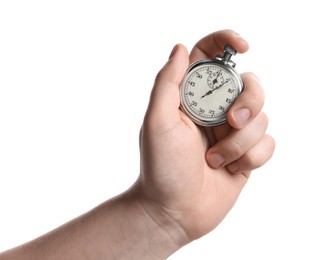Photo of Man holding vintage timer on white background, closeup