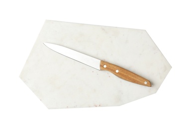 Photo of Sharp utility knife with marble board isolated on white, top view