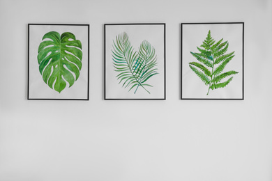 Beautiful paintings of tropical leaves hanging on white wall