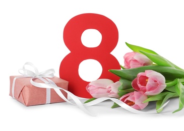 Photo of 8 March card design with tulips and gift on white background. International Women's Day