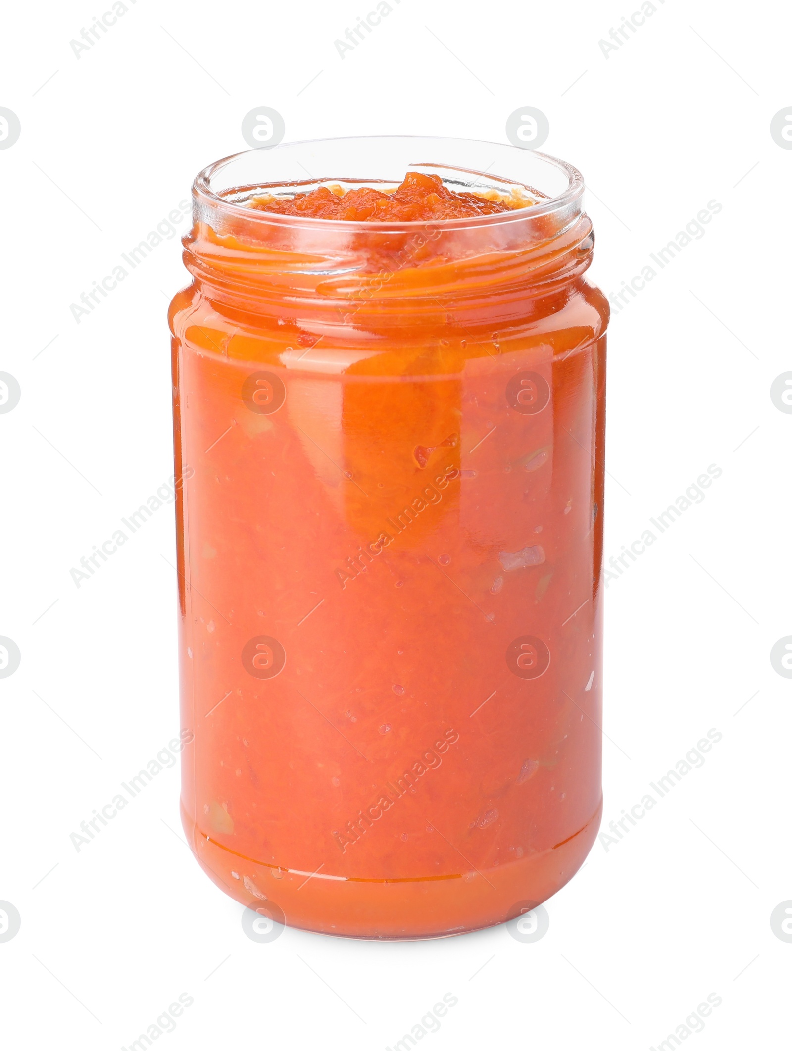 Photo of Jar of delicious pumpkin jam isolated on white