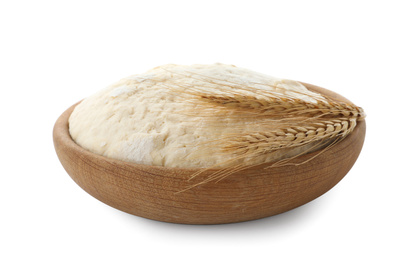 Photo of Bowl with dough for pastries and spikelets isolated on white