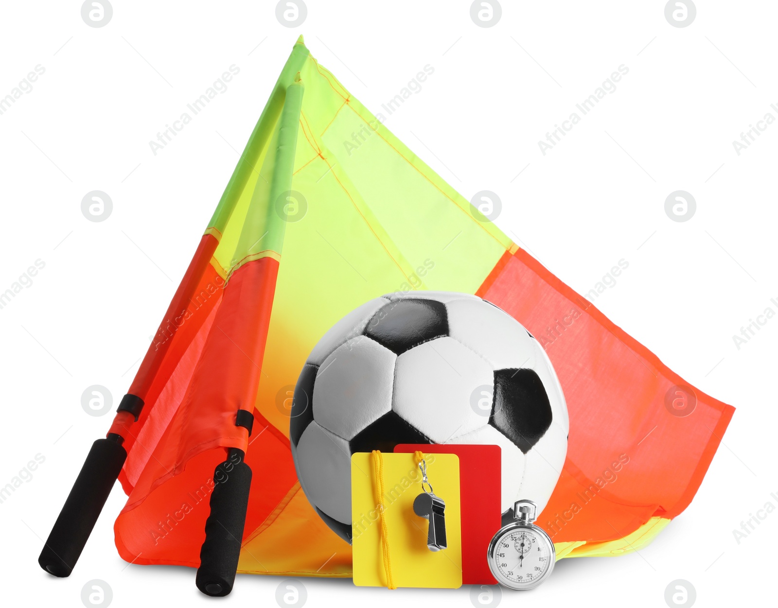 Photo of Soccer ball and different referee equipment isolated on white