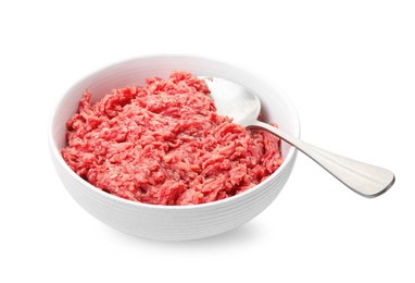 Fresh minced meat and spoon in bowl on white background
