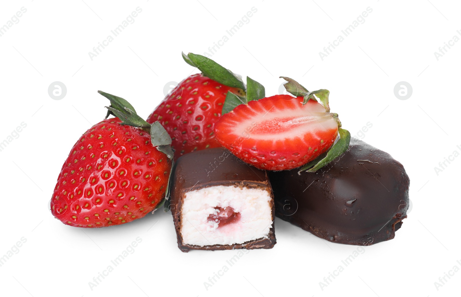Photo of Delicious glazed curd snacks and fresh strawberries isolated on white