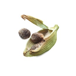 Seeds of dry green cardamom on white background