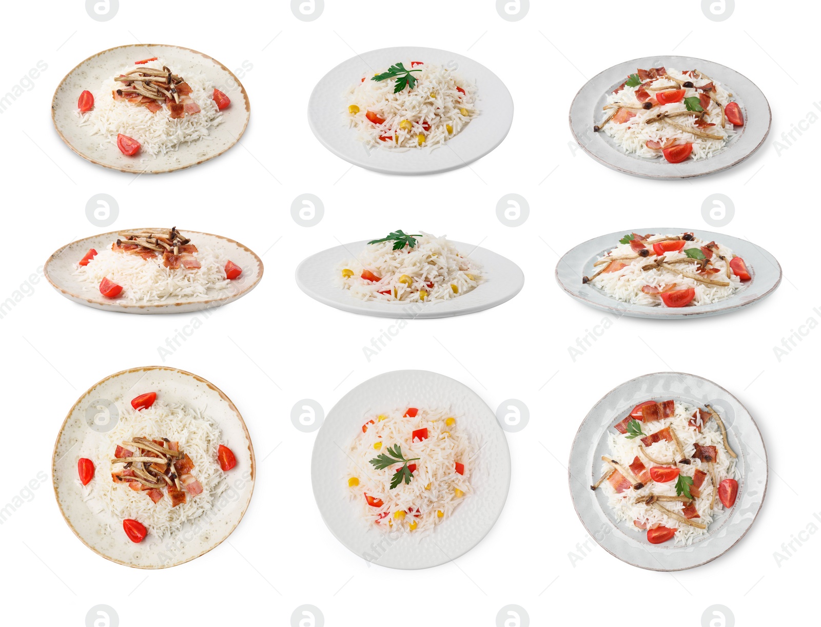 Image of Set with tasty rice isolated on white, top and side views