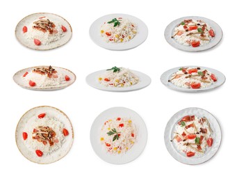 Image of Set with tasty rice isolated on white, top and side views