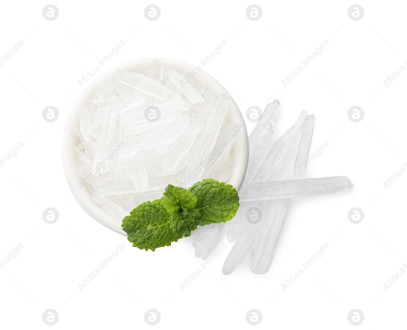 Photo of Menthol crystals and fresh mint leaves in bowl on white background, top view