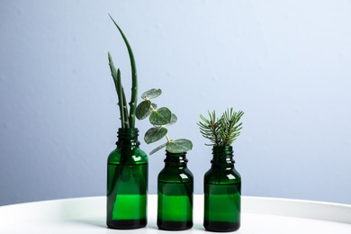 Glass bottles of different essential oils with plants on table