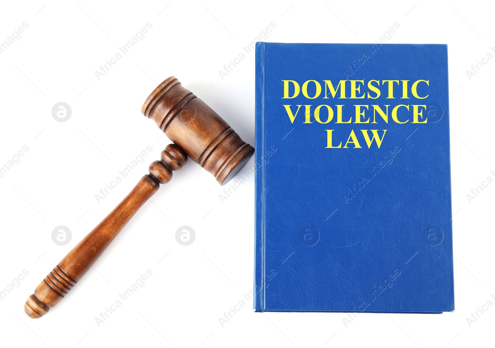 Photo of Domestic violence book and wooden gavel on white background, top view