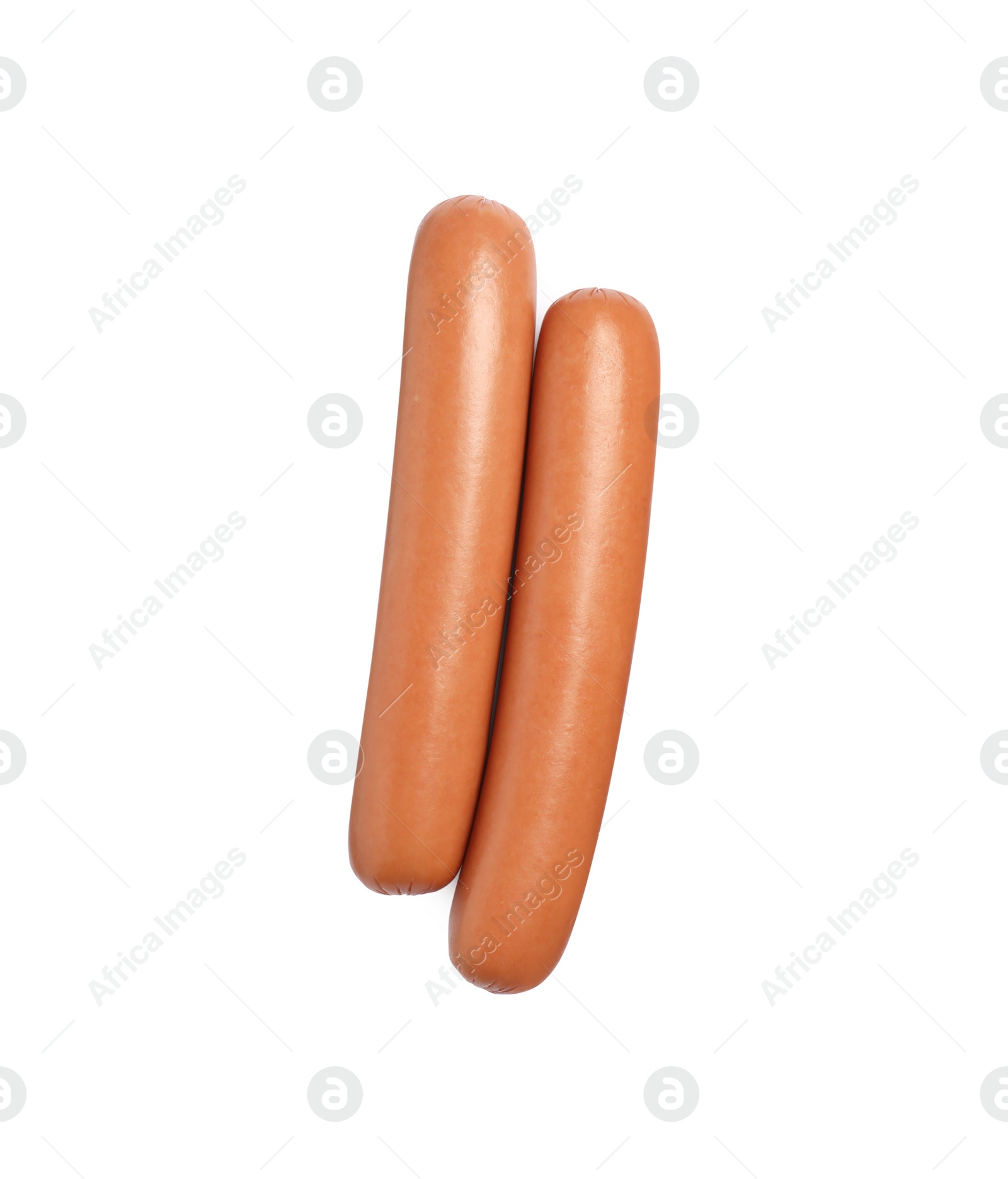 Photo of Fresh raw sausages isolated on white, top view. Ingredients for hot dogs