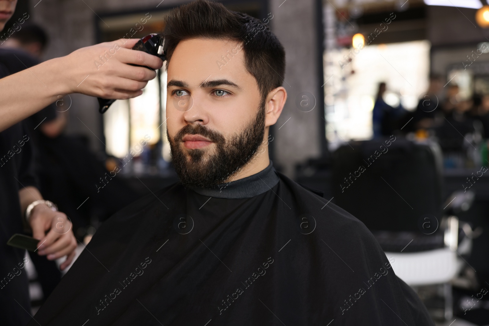 Photo of Professional hairdresser working with client in barbershop