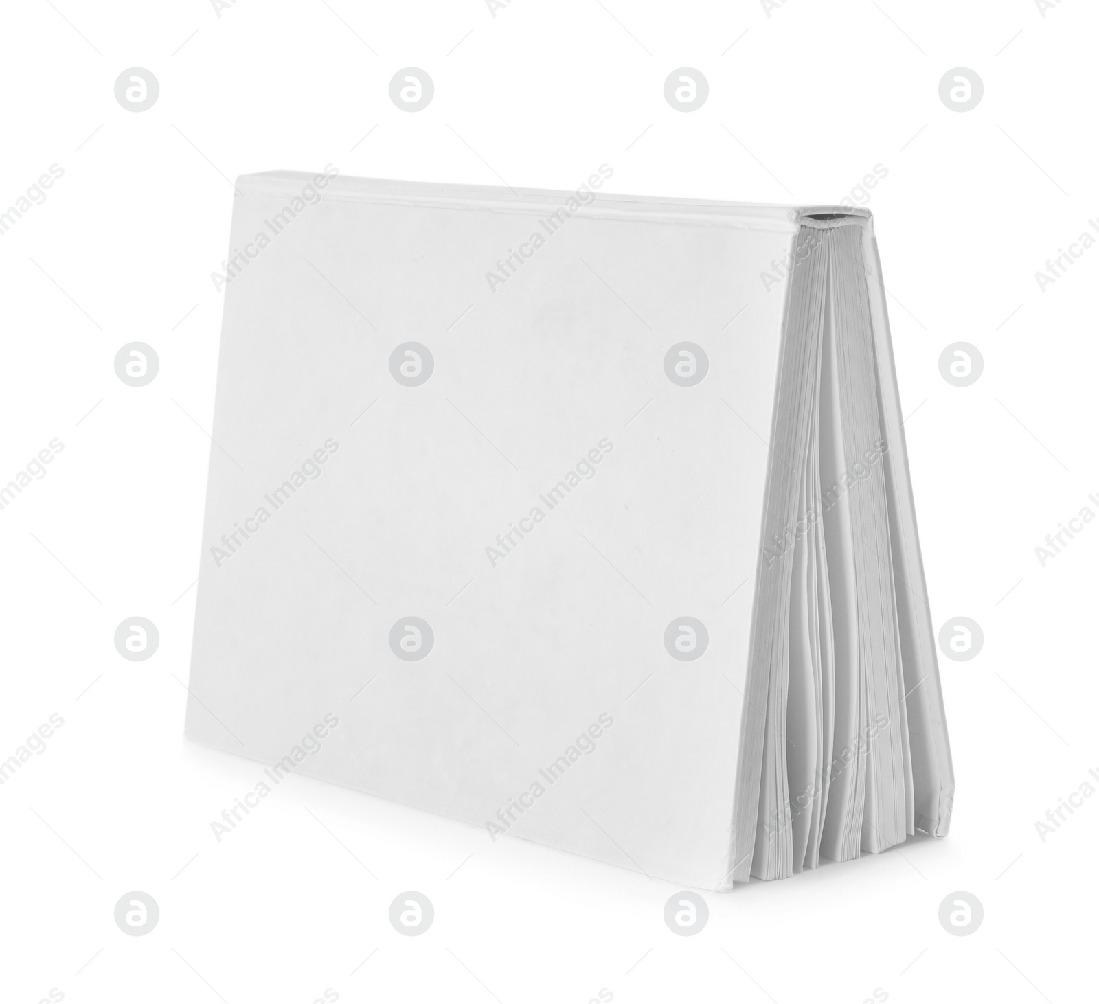 Photo of Open hardcover book with blank pages on white background