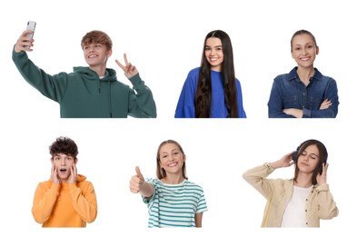 Image of Collage with photos of teenagers on white background