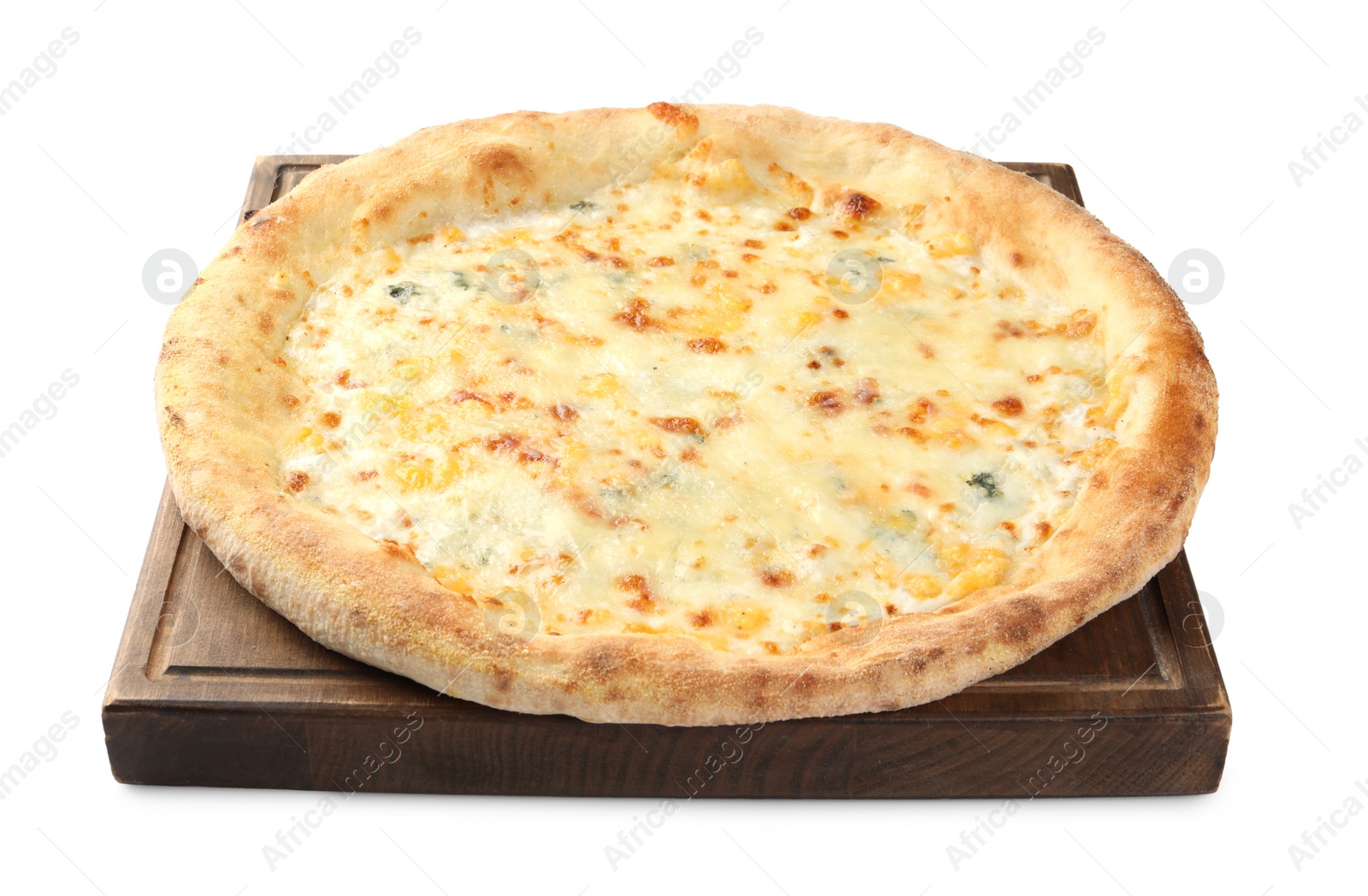 Photo of One delicious cheese pizza isolated on white