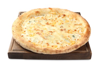 Photo of One delicious cheese pizza isolated on white