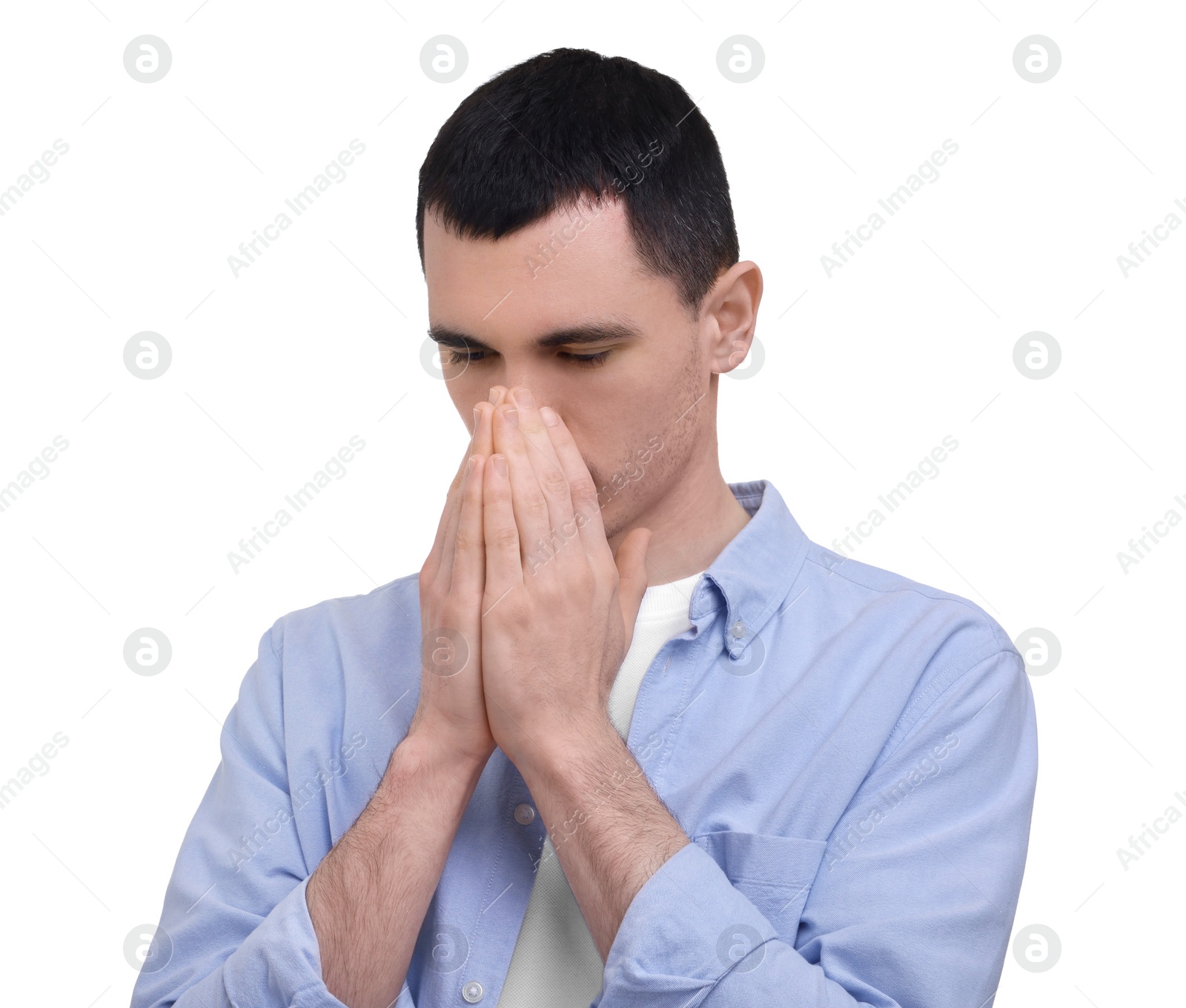 Photo of Portrait of sad man on white background