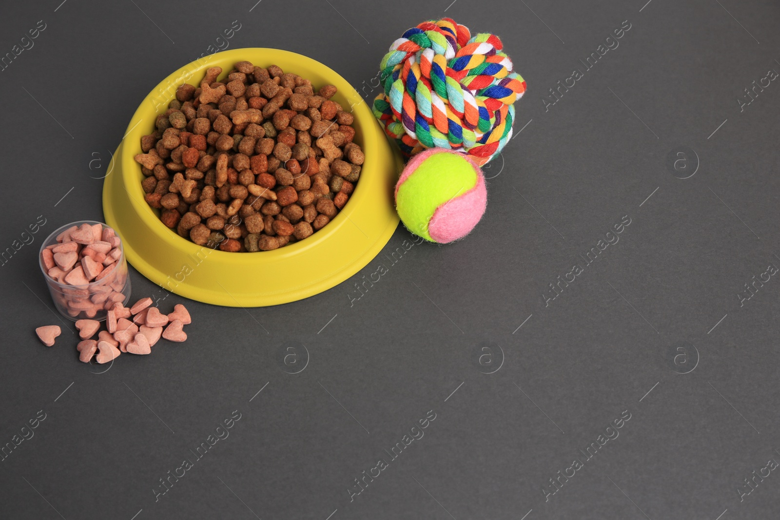 Photo of Vitamins, toys and dry pet food in bowl on grey background, above view. Space for text