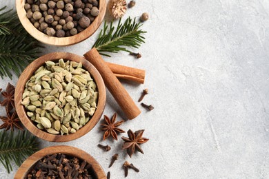 Photo of Different aromatic spices and fir branches on light textured table, flat lay. Space for text
