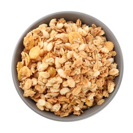 Photo of Ceramic bowl with granola isolated on white, top view. Cooking utensil