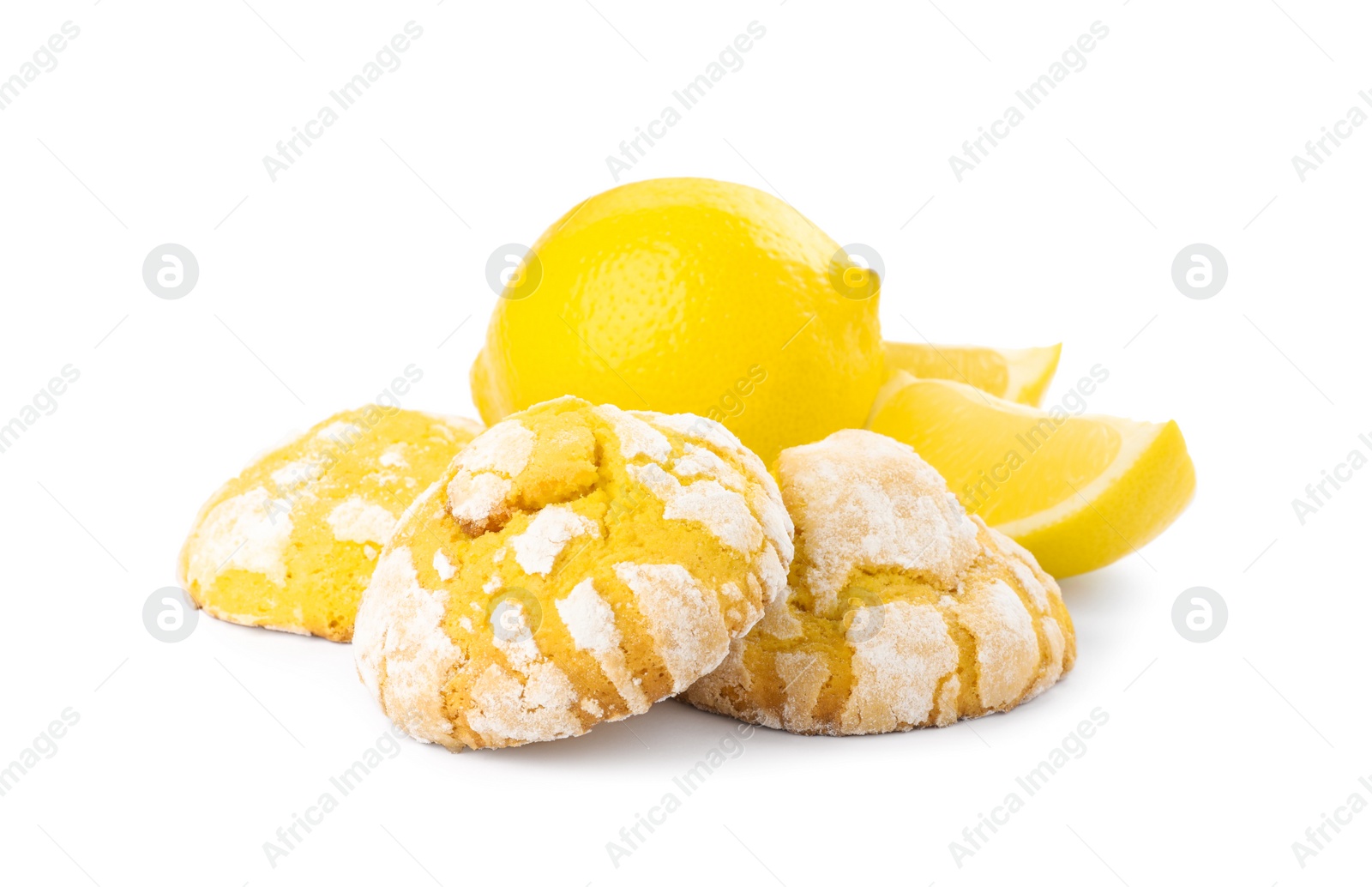 Photo of Tasty homemade lemon cookies and fresh fruits on white background