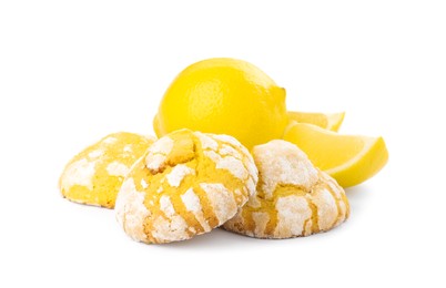 Photo of Tasty homemade lemon cookies and fresh fruits on white background