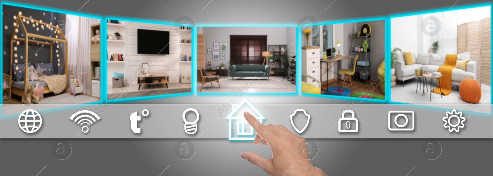 Image of Smart home system, banner design. Man using digital interface, closeup