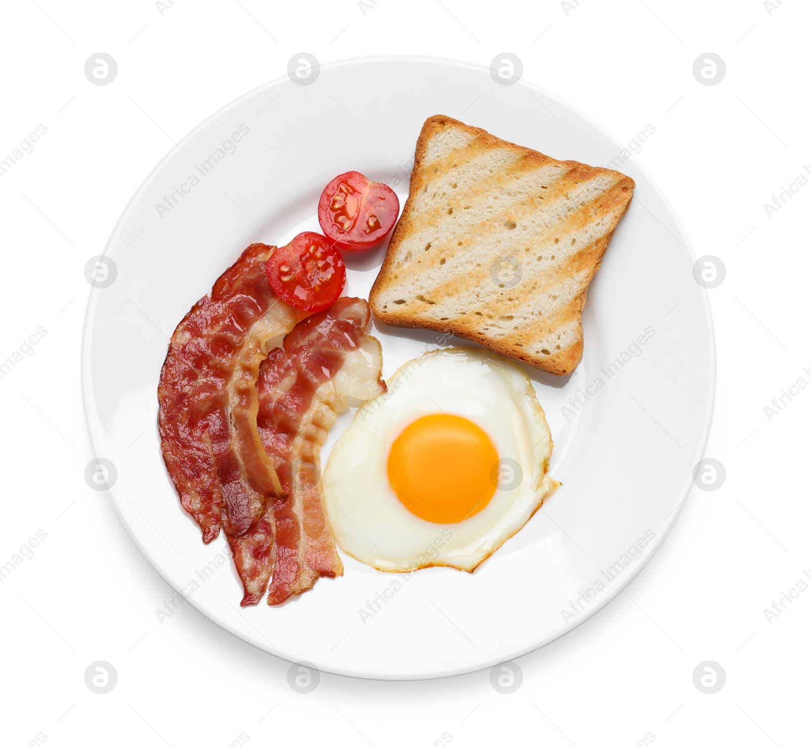 Photo of Plate with delicious fried egg, bacon and toast isolated on white, top view