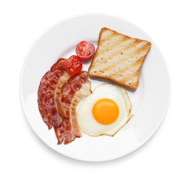 Plate with delicious fried egg, bacon and toast isolated on white, top view