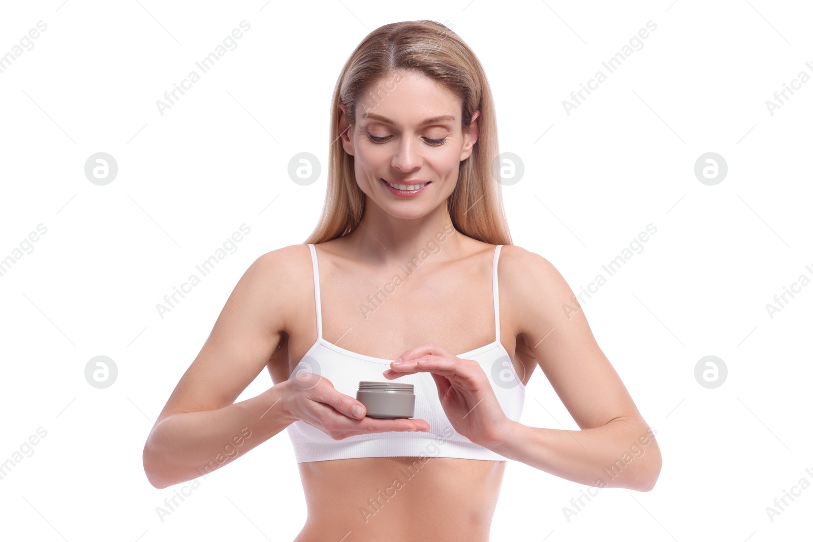 Photo of Woman with jar of body cream on white background